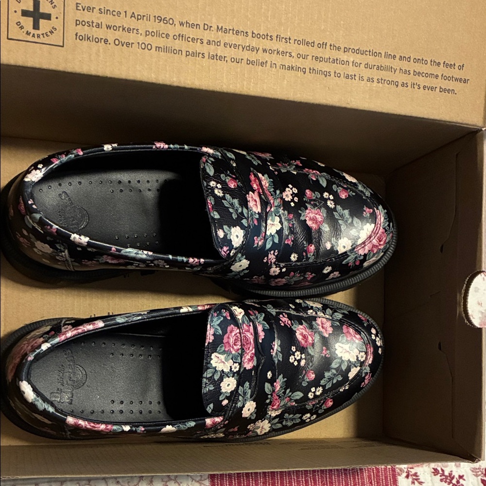 Dr. Martens Black Floral Penny Loafers